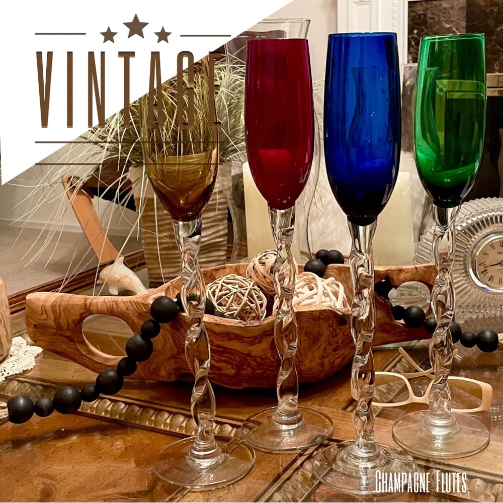 Vintage Hand-Blown Colored Champagne Flutes Set of 4 Twisted Stem 14"